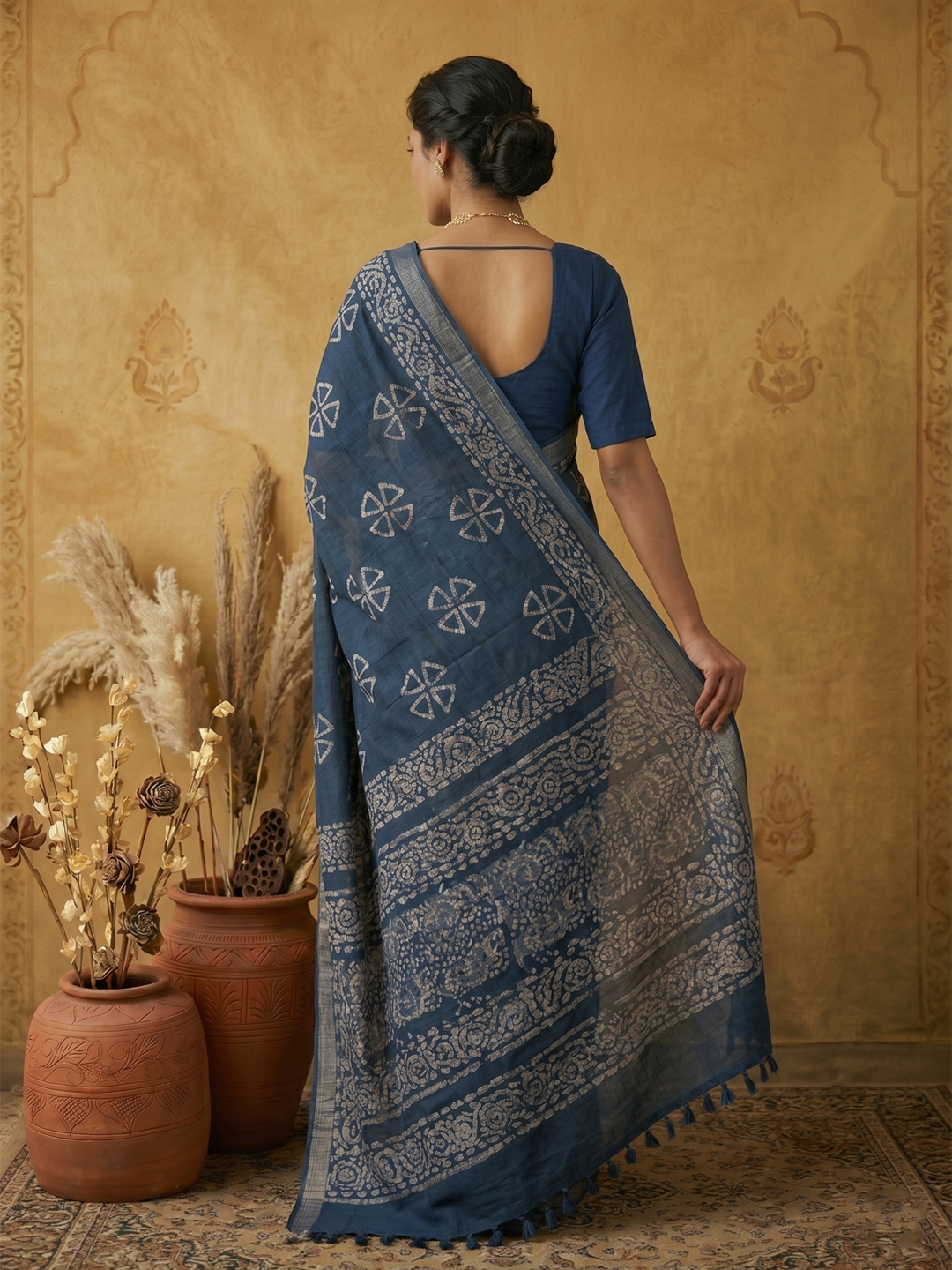 Indigo Handwoven Bengal Linen Saree With White Batik Print
