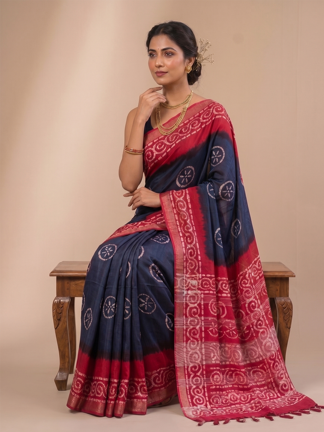 Indigo And Red Handwoven Bengal Linen Saree With White Batik Saree