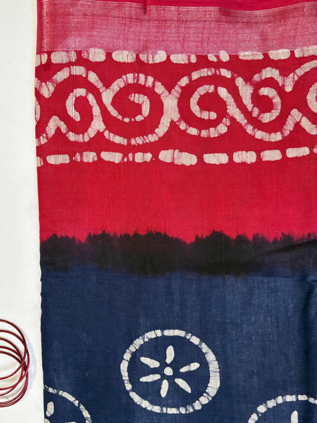 Indigo And Red Handwoven Bengal Linen Saree With White Batik Saree - View 7