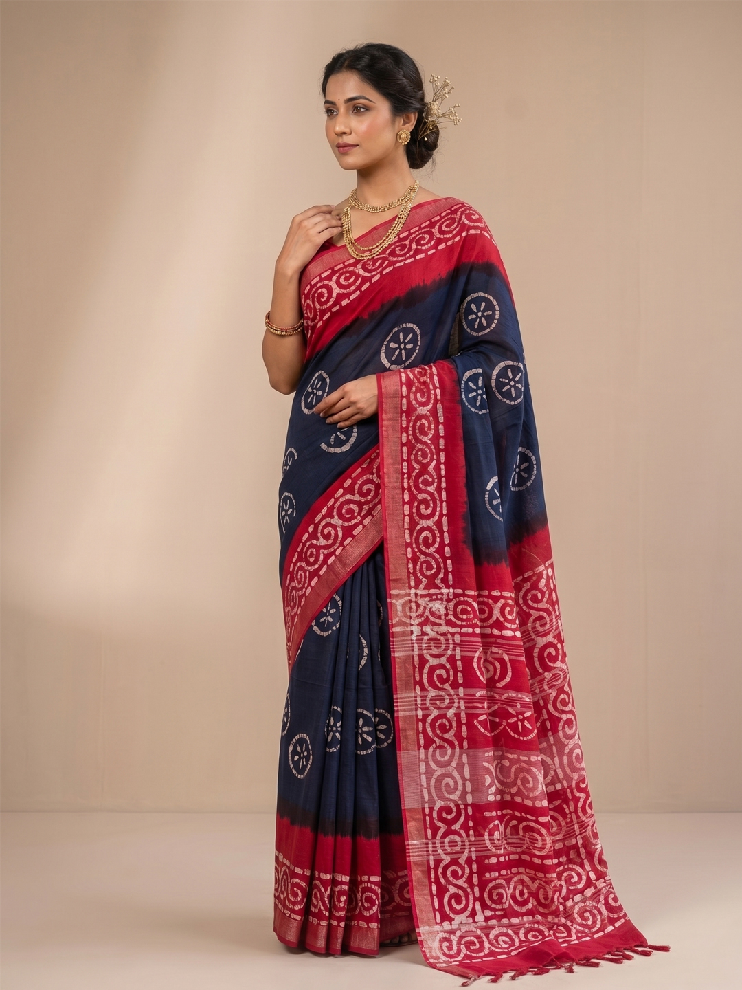 Indigo And Red Handwoven Bengal Linen Saree With White Batik Saree