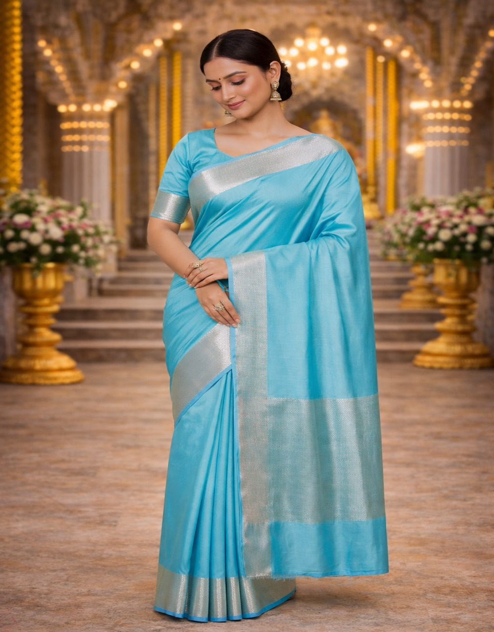Hovered view of Blue Silver Zari Banarasi Cotton Mercerised Handloom Saree