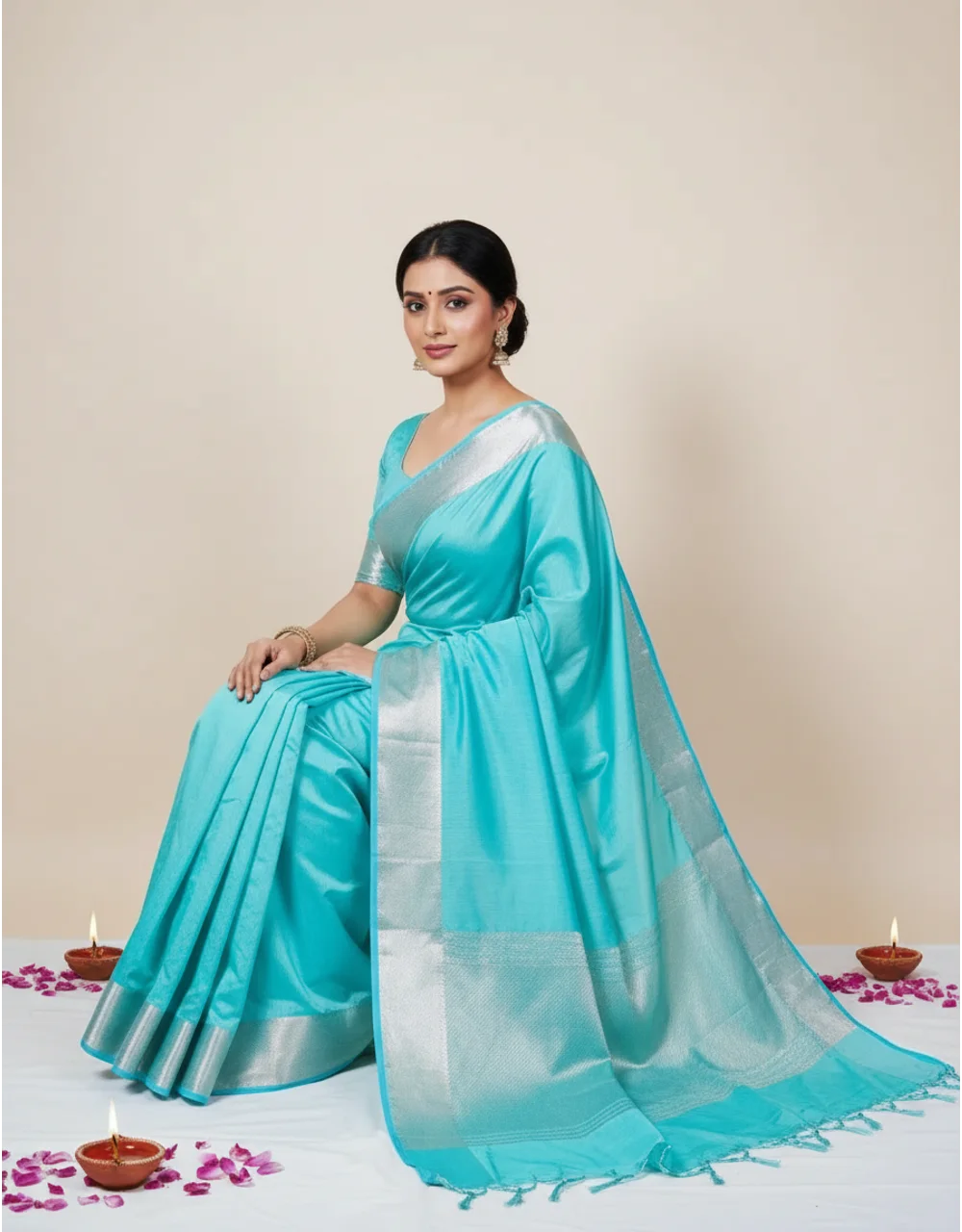 Blue Silver Zari Banarasi Cotton Mercerised Handloom Saree - View 2