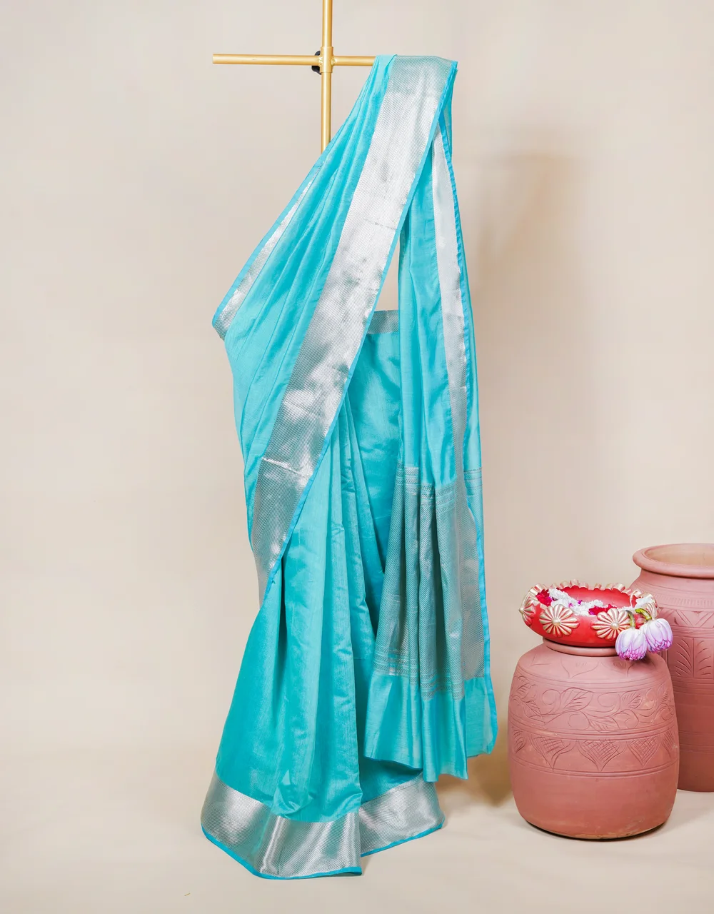 Blue Silver Zari Banarasi Cotton Mercerised Handloom Saree - View 3