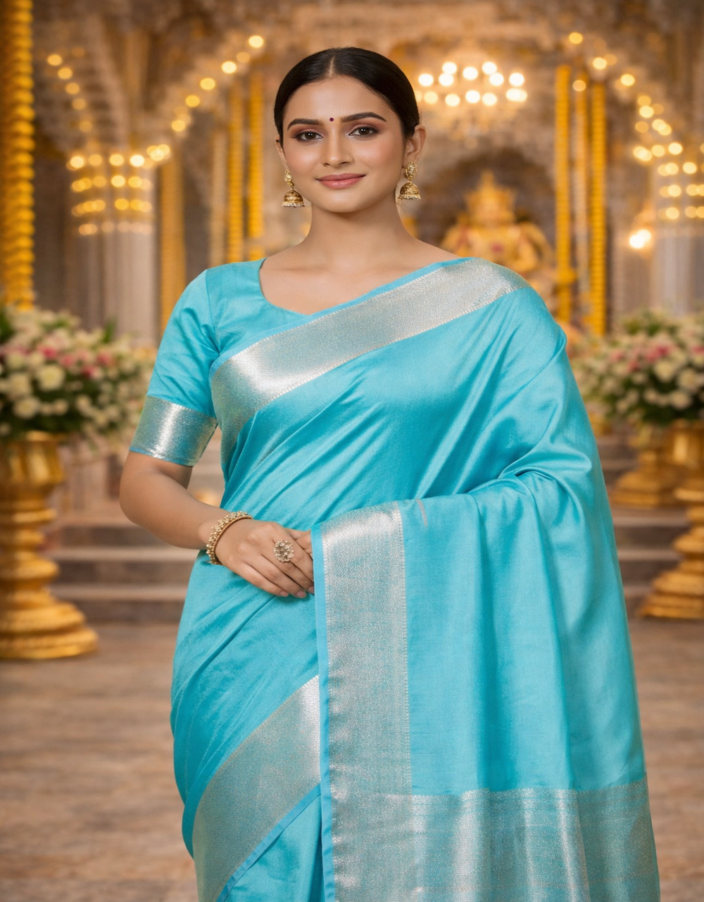 Blue Silver Zari Banarasi Cotton Mercerised Handloom Saree