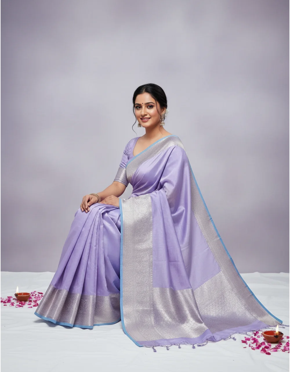 Hovered view of Lavender Silver Zari Banarasi Cotton Mercerised Saree