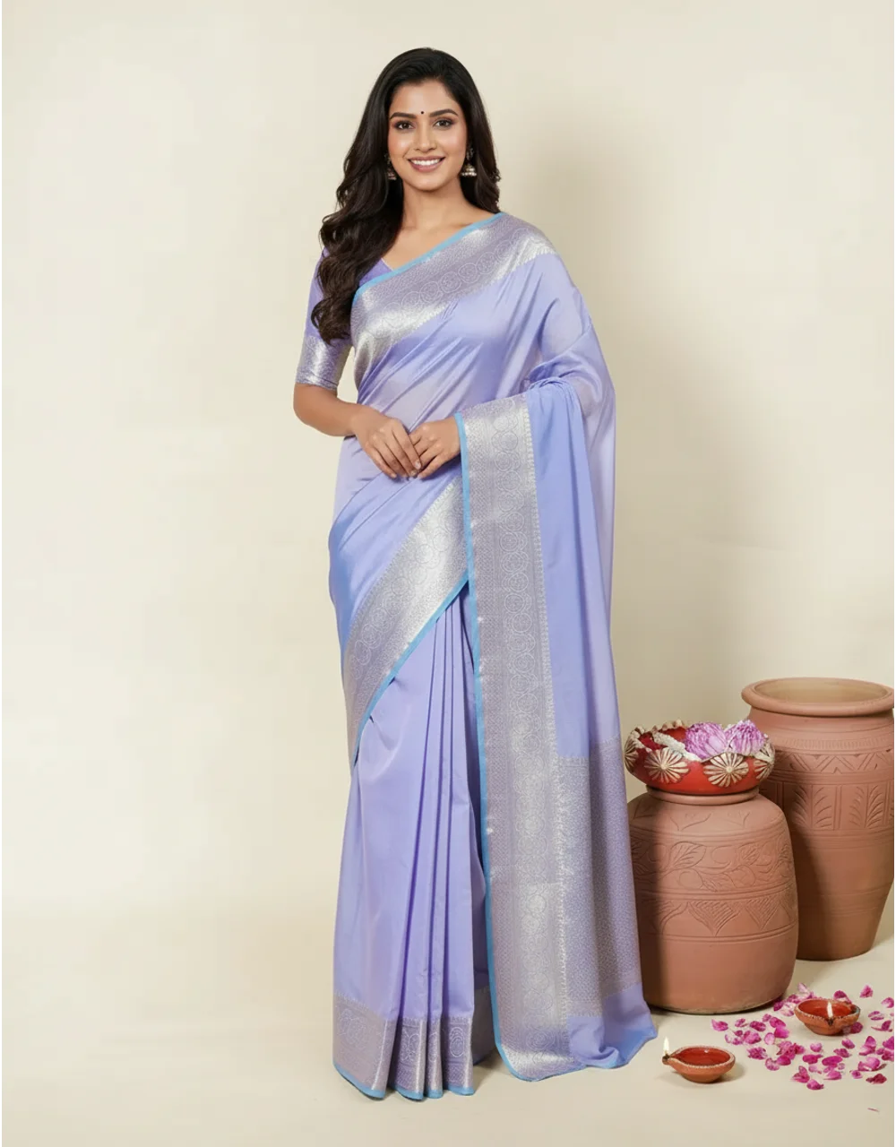 Lavender Silver Zari Banarasi Cotton Mercerised Saree