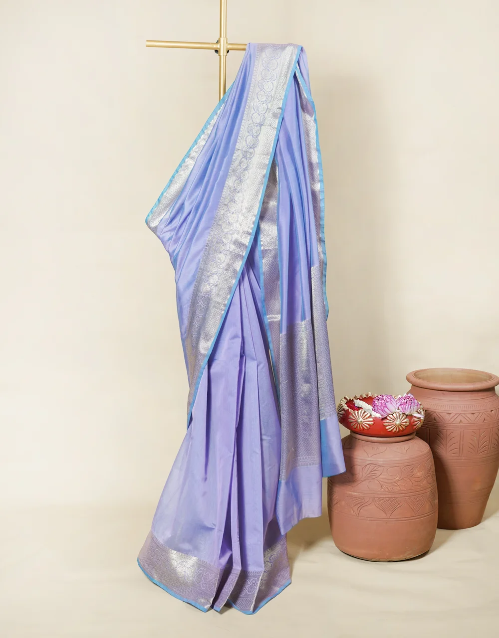 Lavender Silver Zari Banarasi Cotton Mercerised Saree - View 3