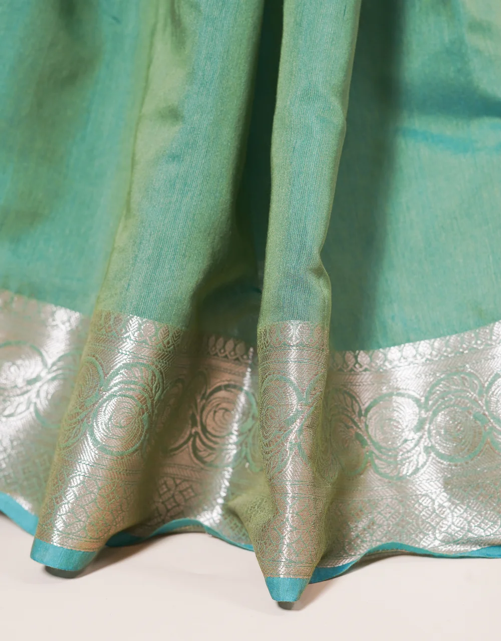 Green Sage Silver Zari Banarasi Cotton Mercerised Saree - View 5