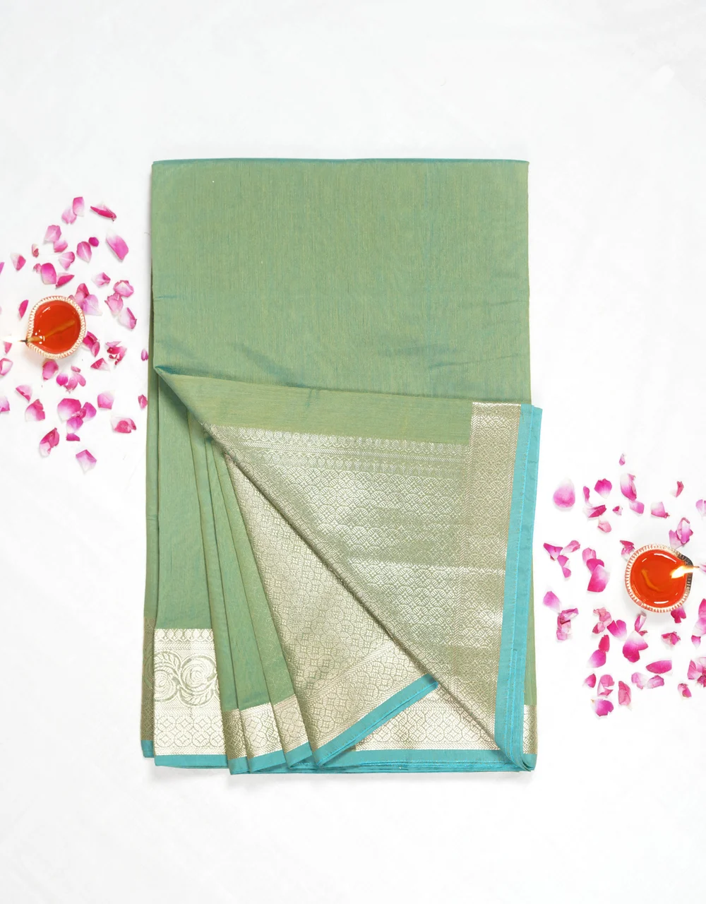 Green Sage Silver Zari Banarasi Cotton Mercerised Saree - View 3