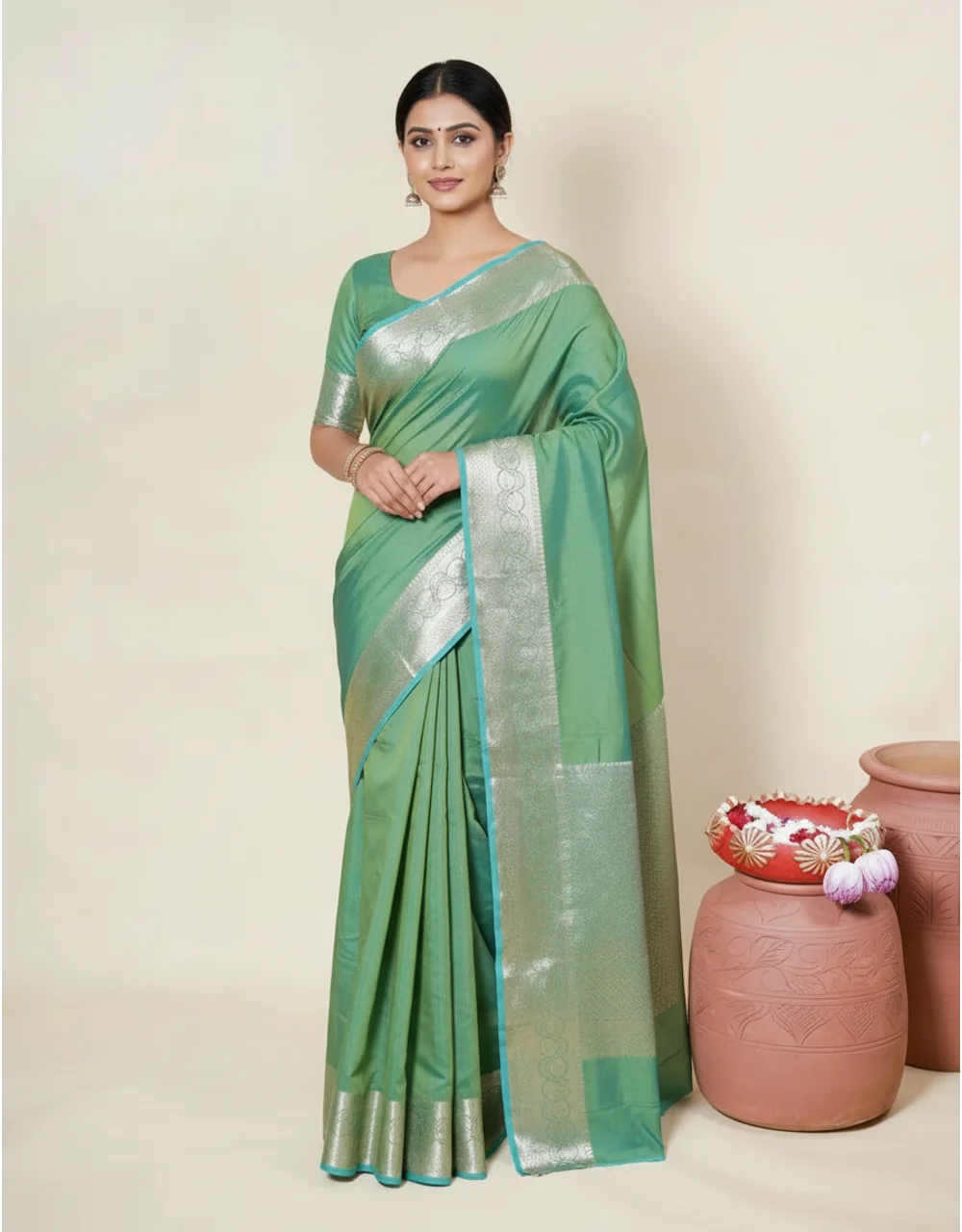 Green Sage Silver Zari Banarasi Cotton Mercerised Saree