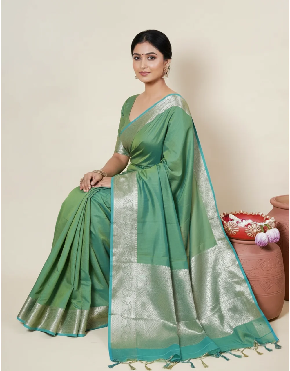 Hovered view of Green Sage Silver Zari Banarasi Cotton Mercerised Saree