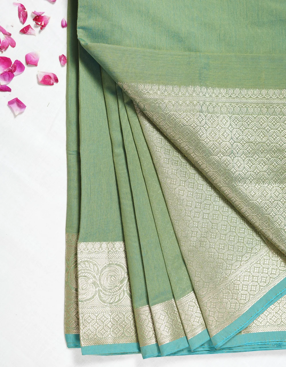 Green Sage Silver Zari Banarasi Cotton Mercerised Saree - View 4