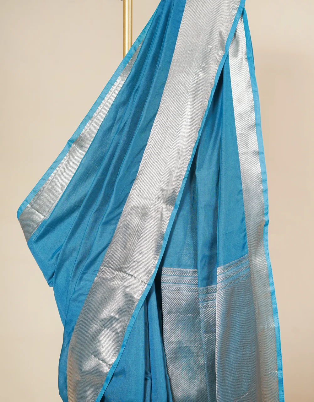 Blue Silver Zari Cotton Banarasi  Mercerised Saree - View 3