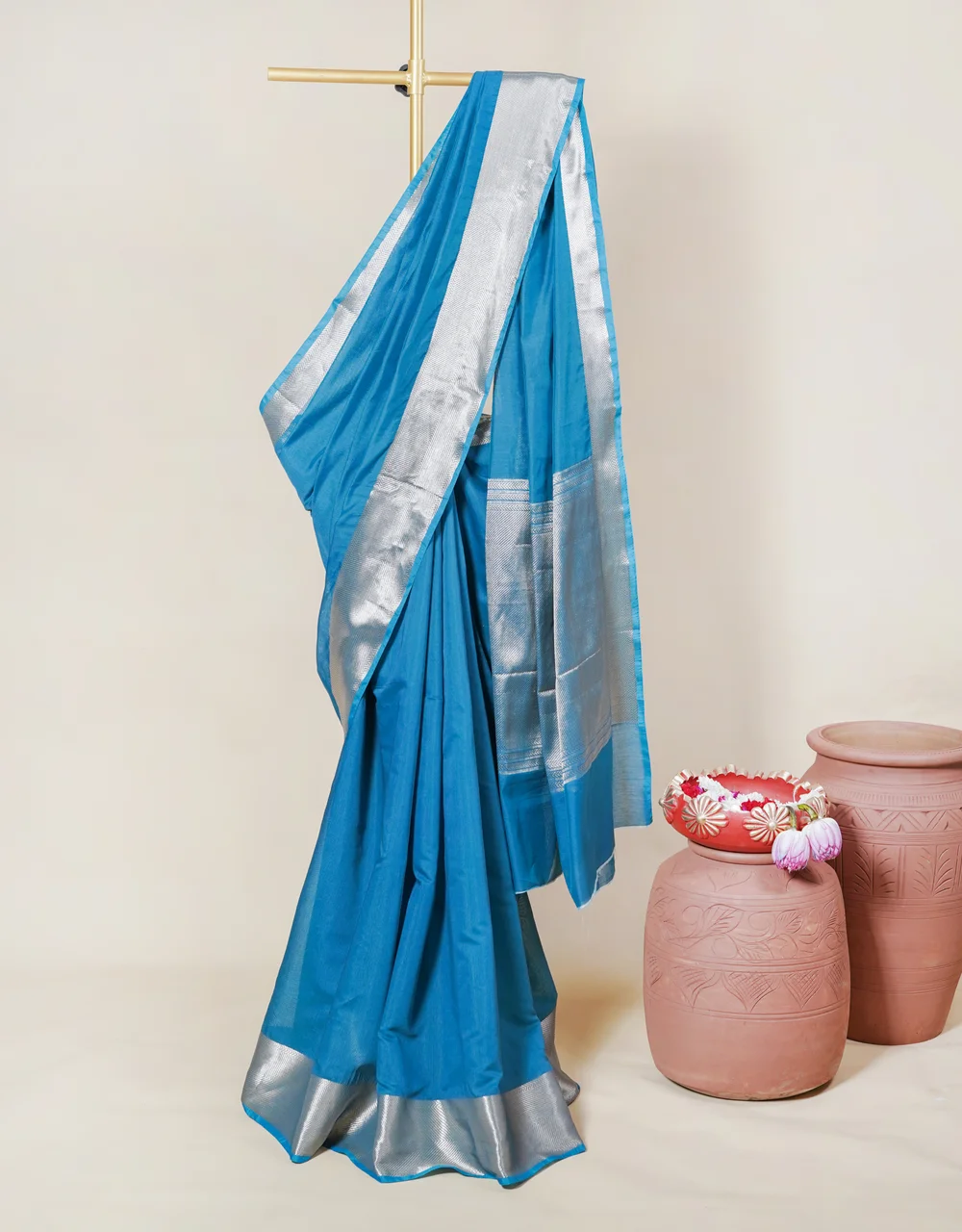 Blue Silver Zari Cotton Banarasi  Mercerised Saree