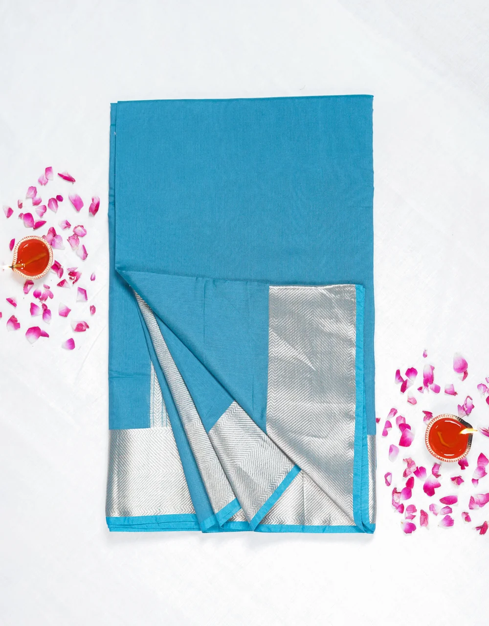 Hovered view of Blue Silver Zari Cotton Banarasi  Mercerised Saree