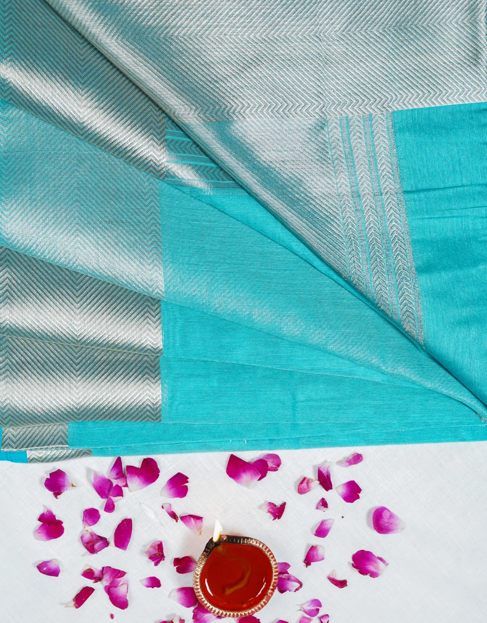 Blue Silver Zari Cotton Banarasi  Mercerised Saree - View 3