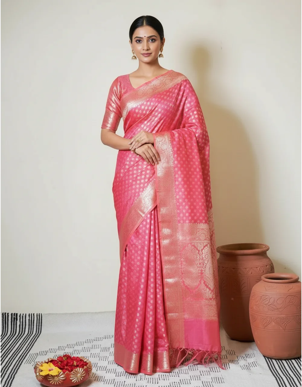 Pink Blush Charm Cotton Mercerised Saree With Gold Zari Booti And Floral Border