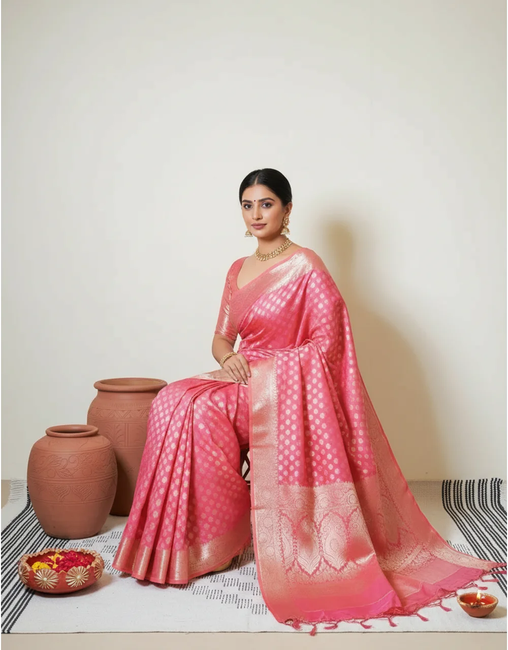 Pink Blush Charm Cotton Mercerised Saree With Gold Zari Booti And Floral Border