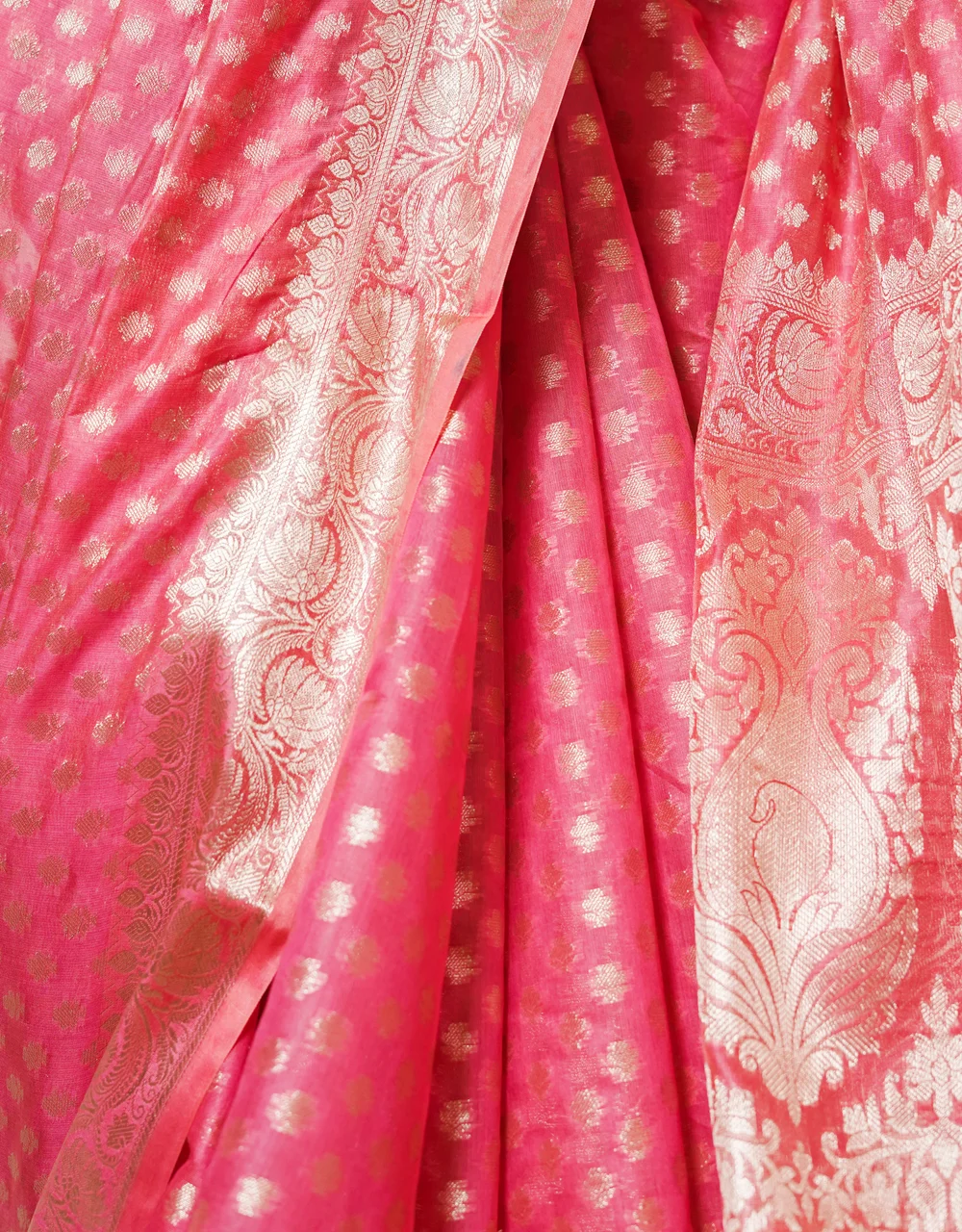 Pink Blush Charm Cotton Mercerised Saree With Gold Zari Booti And Floral Border - View 4