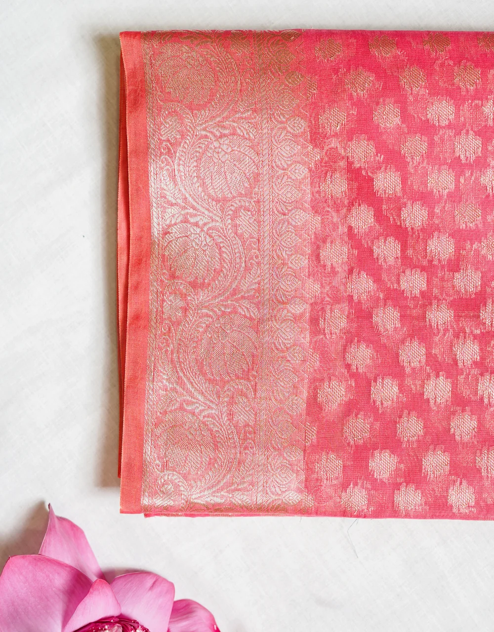Pink Blush Charm Cotton Mercerised Saree With Gold Zari Booti And Floral Border - View 3