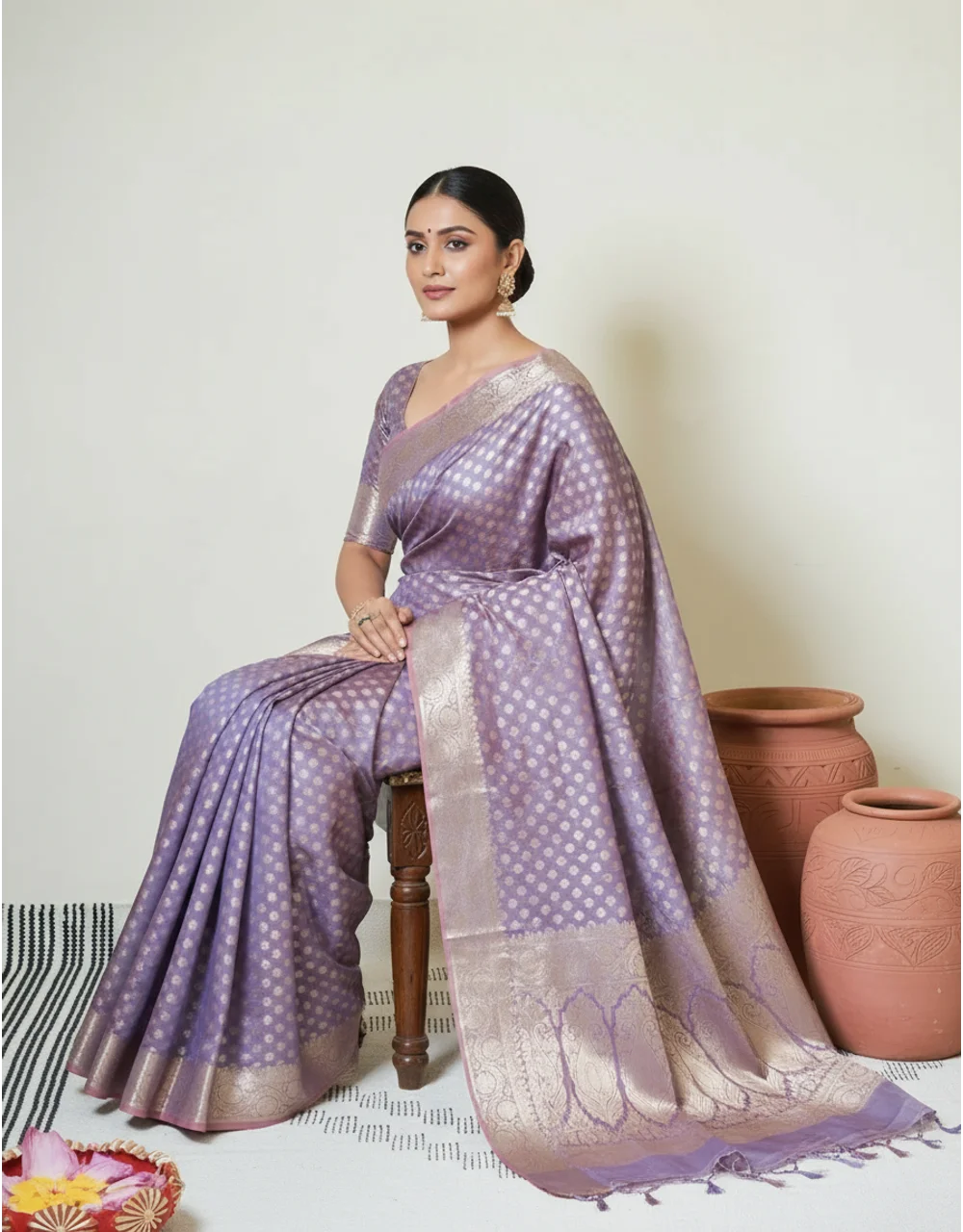Lavender Mist Cotton Mercerised Saree With Gold Zari Booti And Floral Pallu