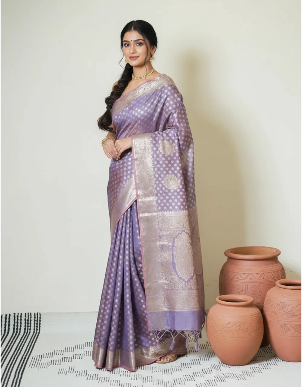 Lavender Mist Cotton Mercerised Saree With Gold Zari Booti And Floral Pallu
