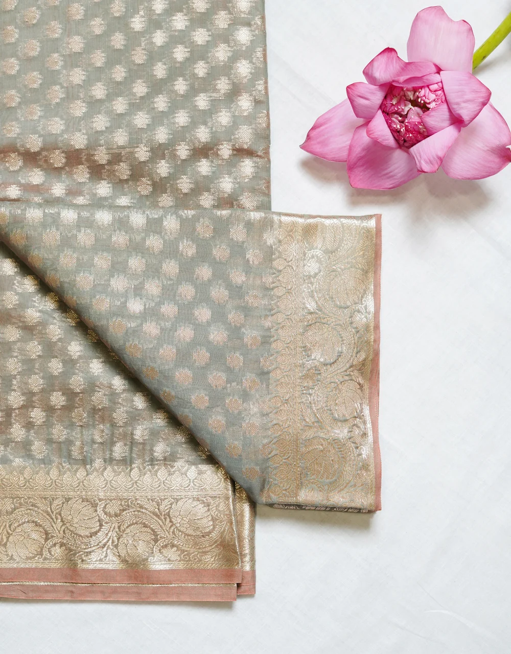 grey-moonlit-grace-cotton-mercerised-saree-with-silver-zari-booti-and-floral-border