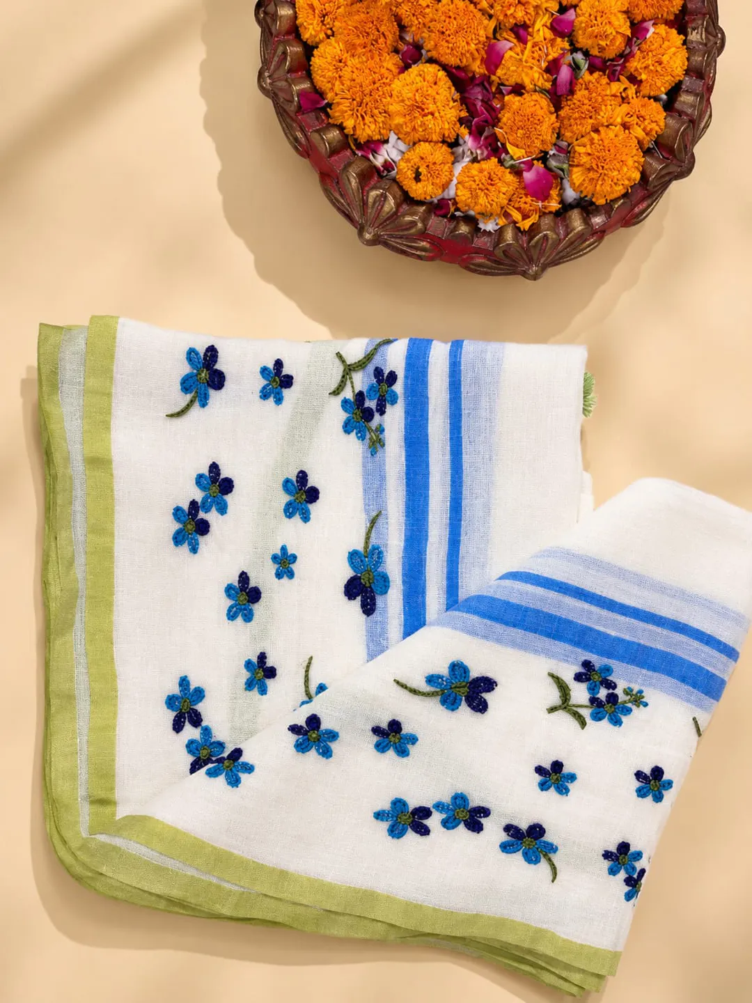 Multicolour Floral Embroidered Mul Cotton Saree With Blue Border & Green Tassels - View 5