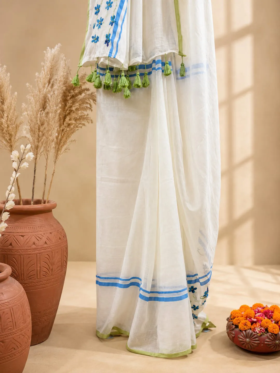 Multicolour Floral Embroidered Mul Cotton Saree With Blue Border & Green Tassels - View 3