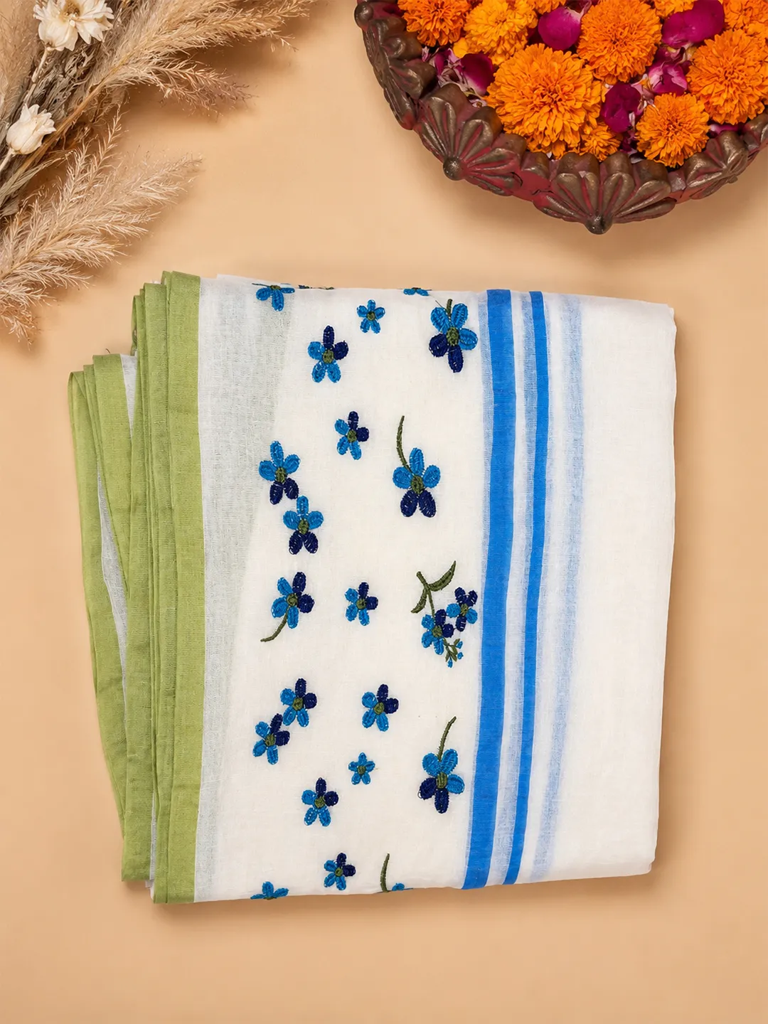 Multicolour Floral Embroidered Mul Cotton Saree With Blue Border & Green Tassels - View 6