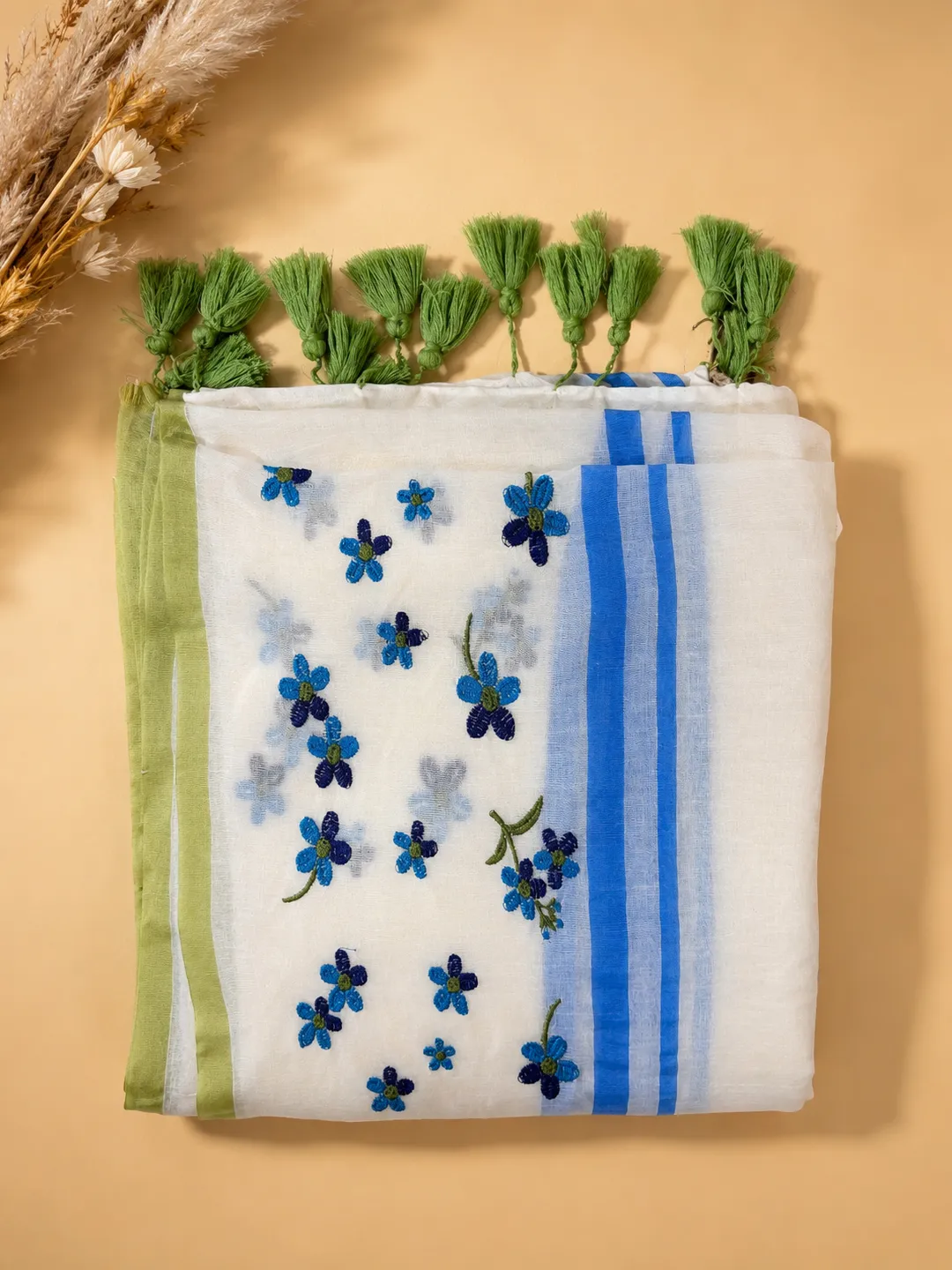 Multicolour Floral Embroidered Mul Cotton Saree With Blue Border & Green Tassels - View 4