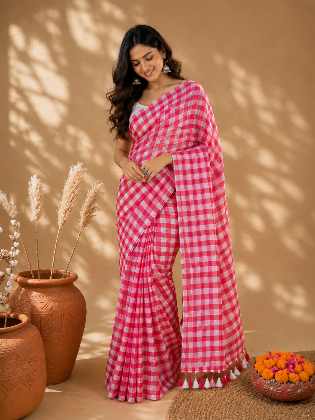 Pink And White Checked Mul Cotton Saree With Tassel Pallu