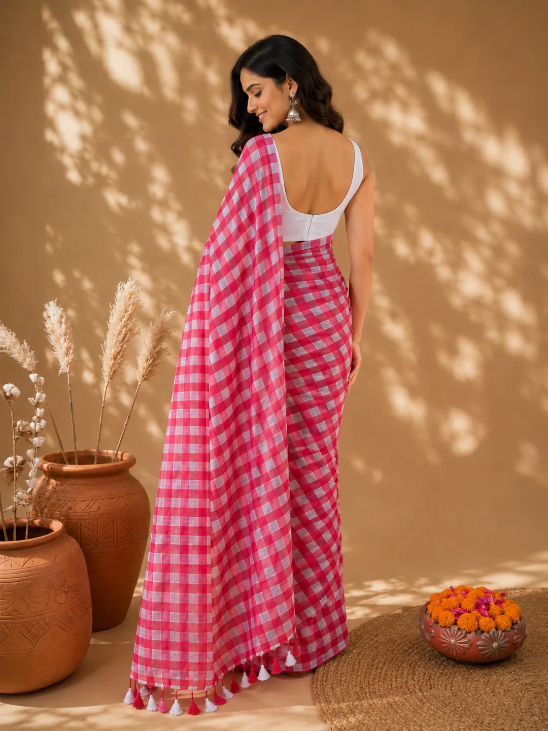 Hovered view of Pink And White Checked Mul Cotton Saree With Tassel Pallu