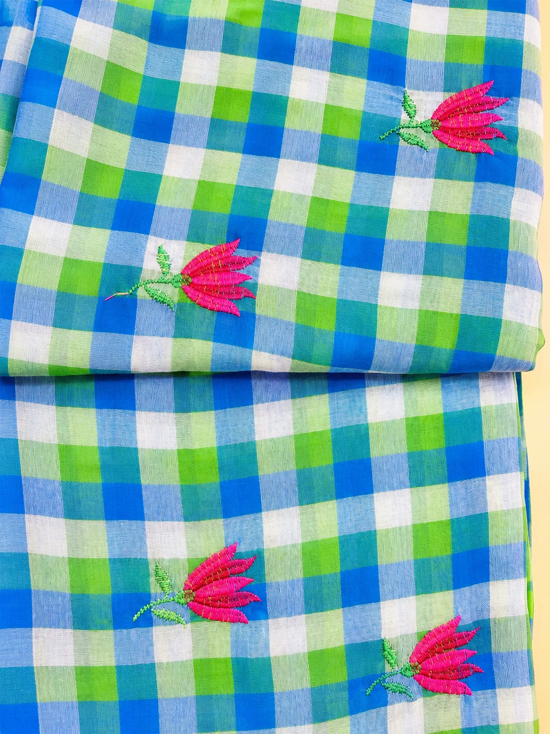 Blue And Green Checked Bengal Mul Cotton Saree With Pink Floral Embroidery And Tassels - View 6