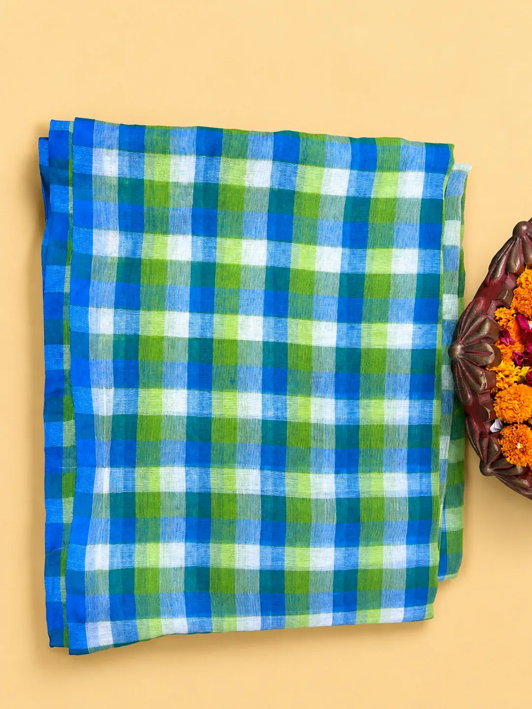 Blue And Lime Green Checked Bengal Mul Cotton Saree With Tassel Pallu - View 8