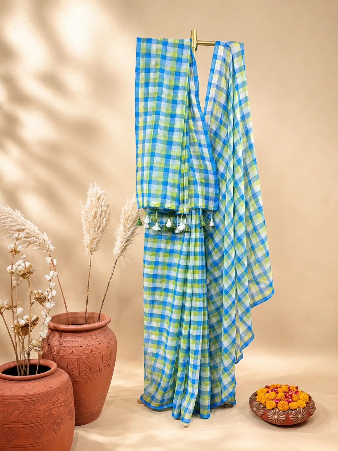 Blue And Lime Green Checked Bengal Mul Cotton Saree With Tassel Pallu - View 3