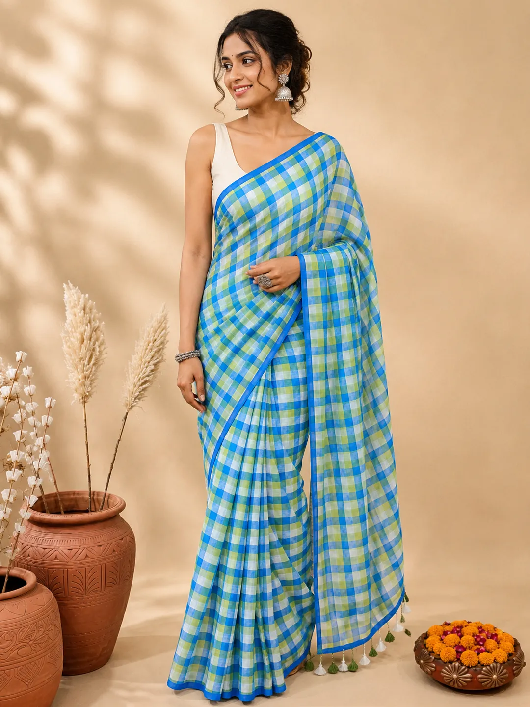 Blue And Lime Green Checked Bengal Mul Cotton Saree With Tassel Pallu