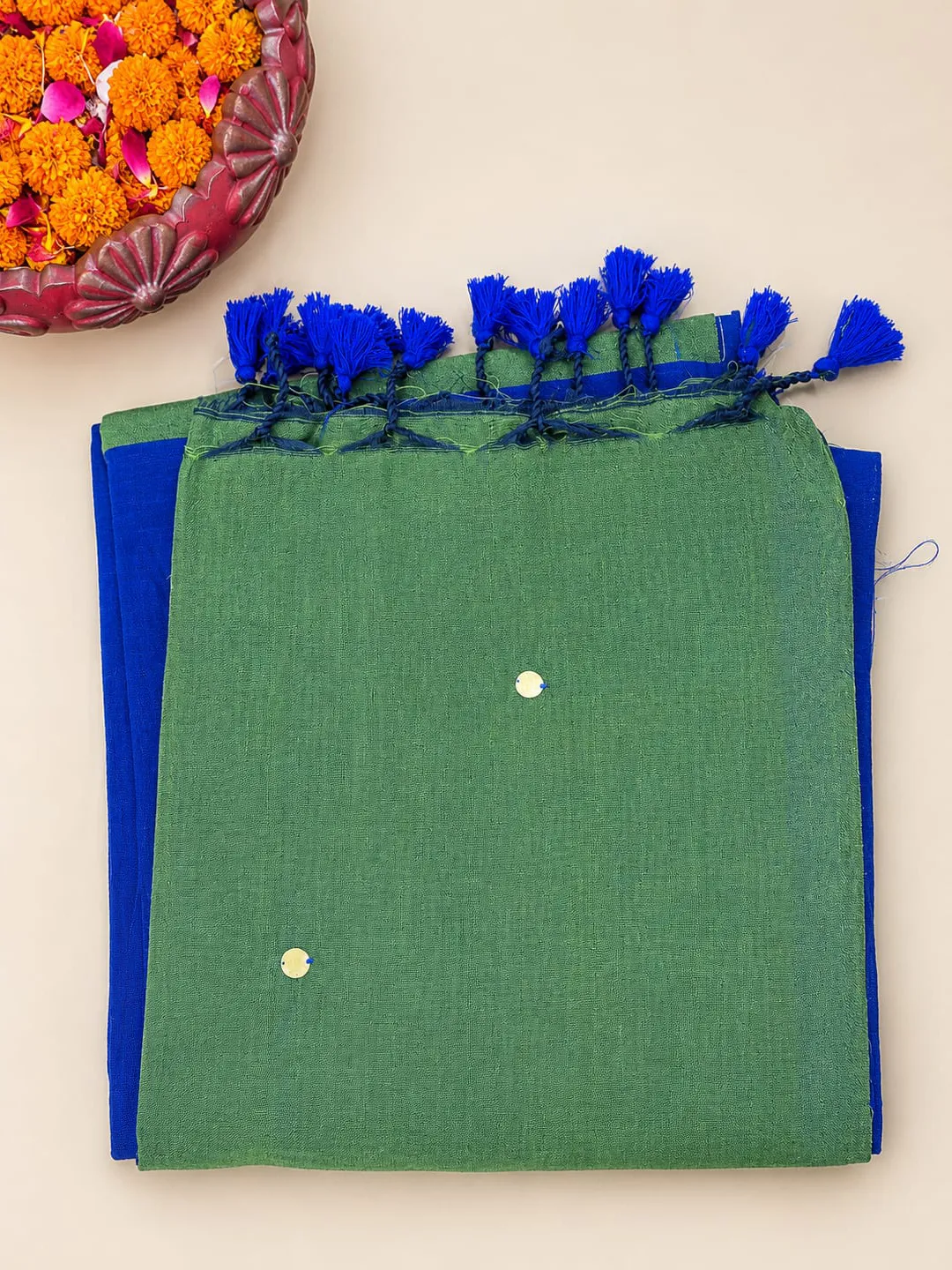 Blue Bengal Cotton Saree With Olive Green Pallu & Sequin Buti - View 7