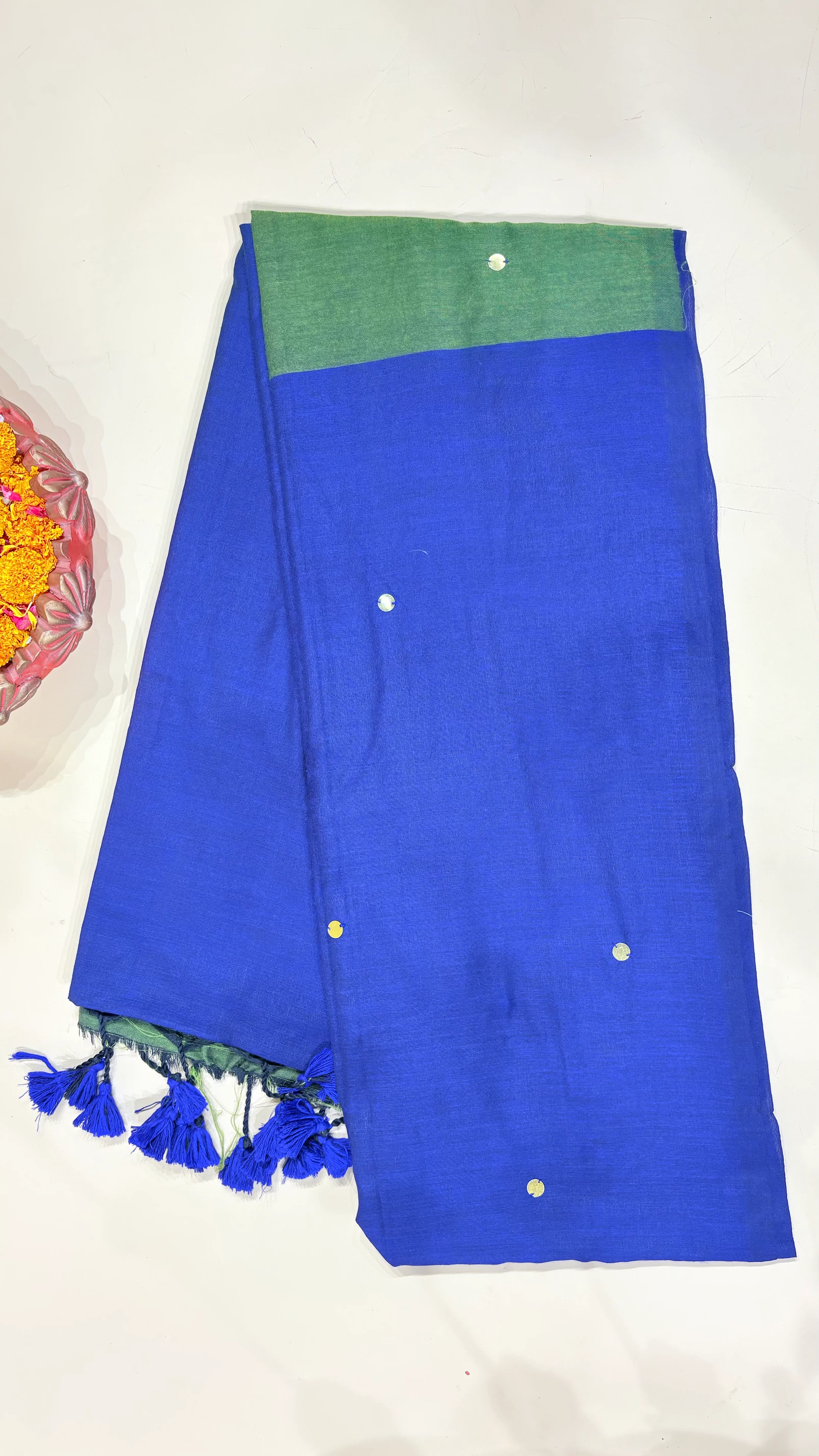 Blue Bengal Cotton Saree With Olive Green Pallu & Sequin Buti - View 6