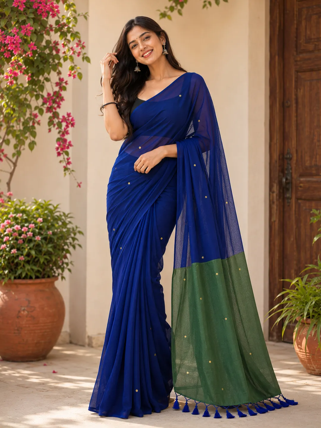 Blue Bengal Cotton Saree With Olive Green Pallu & Sequin Buti