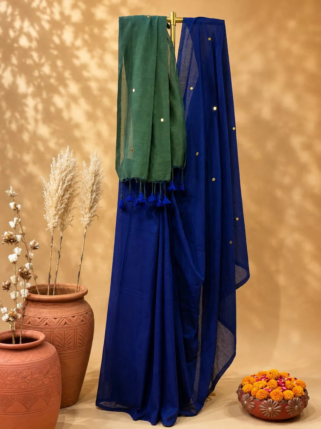 Blue Bengal Cotton Saree With Olive Green Pallu & Sequin Buti - View 3