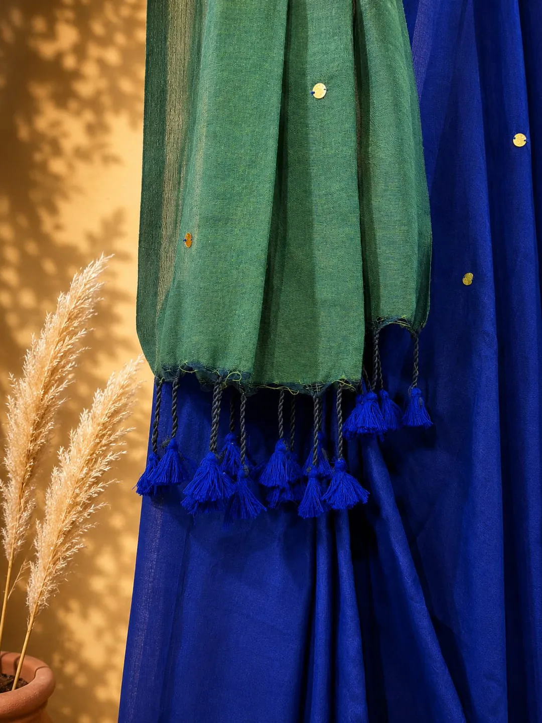 Blue Bengal Cotton Saree With Olive Green Pallu & Sequin Buti - View 5