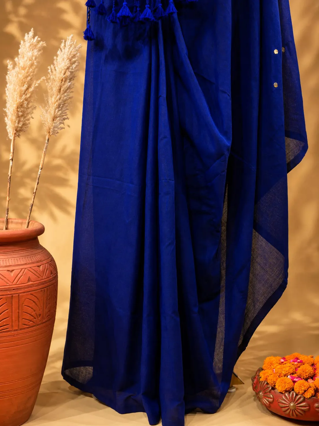 Blue Bengal Cotton Saree With Olive Green Pallu & Sequin Buti - View 4