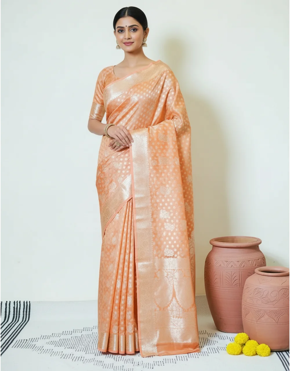 Peach Glow Cotton Mercerised Saree With Silver Zari Booti And Floral Weave
