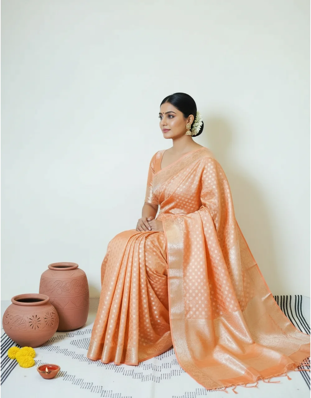 Peach Glow Cotton Mercerised Saree With Silver Zari Booti And Floral Weave