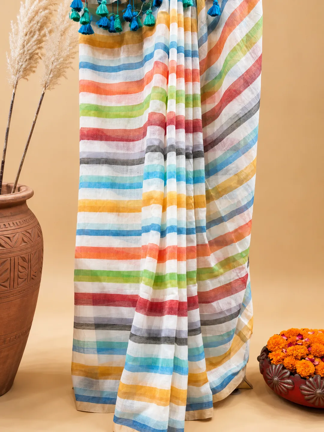 Multicolour Striped Bengal Mul Cotton Saree With Tassel Pallu - View 5