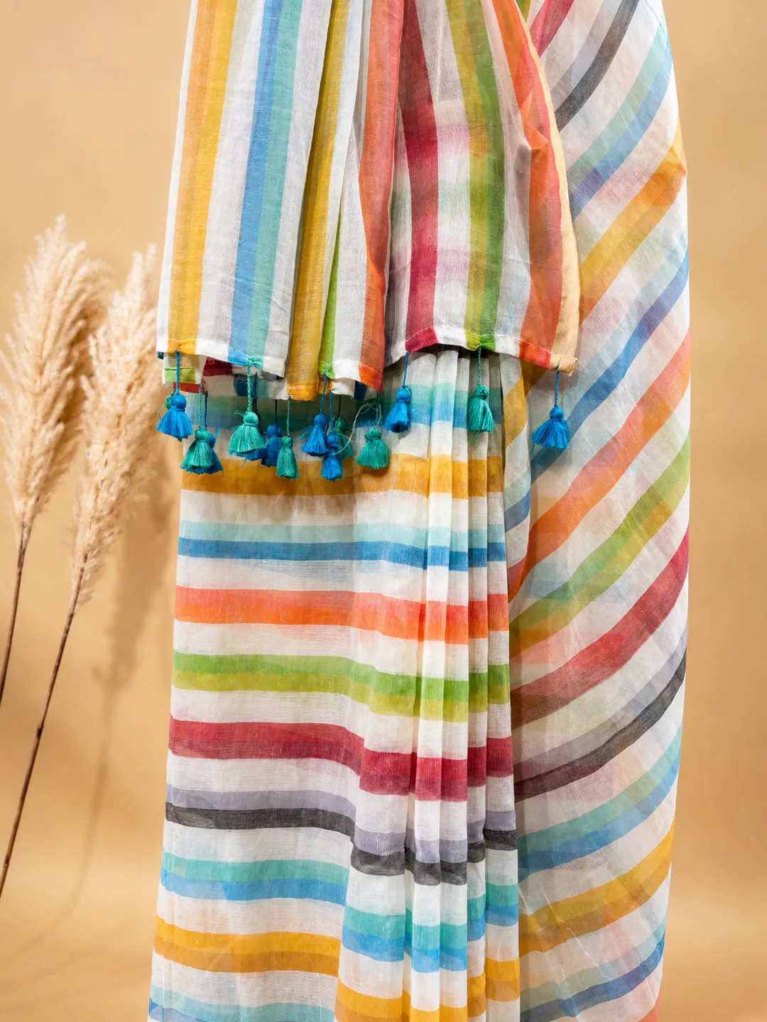 Multicolour Striped Bengal Mul Cotton Saree With Tassel Pallu - View 6