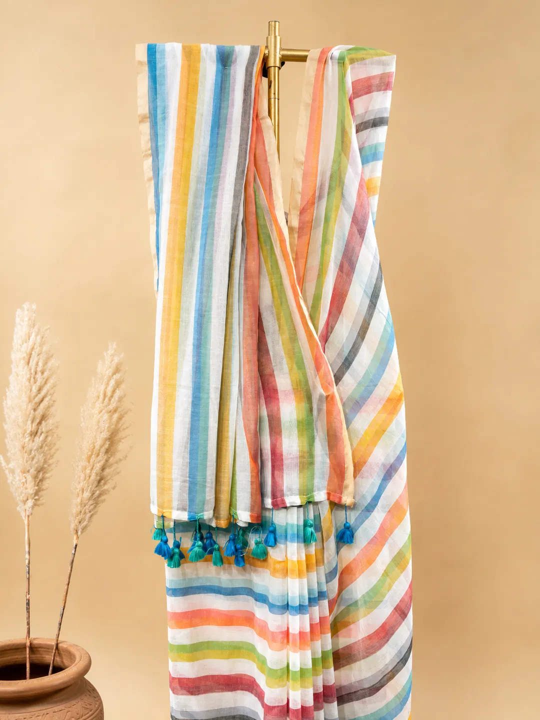 Multicolour Striped Bengal Mul Cotton Saree With Tassel Pallu - View 4