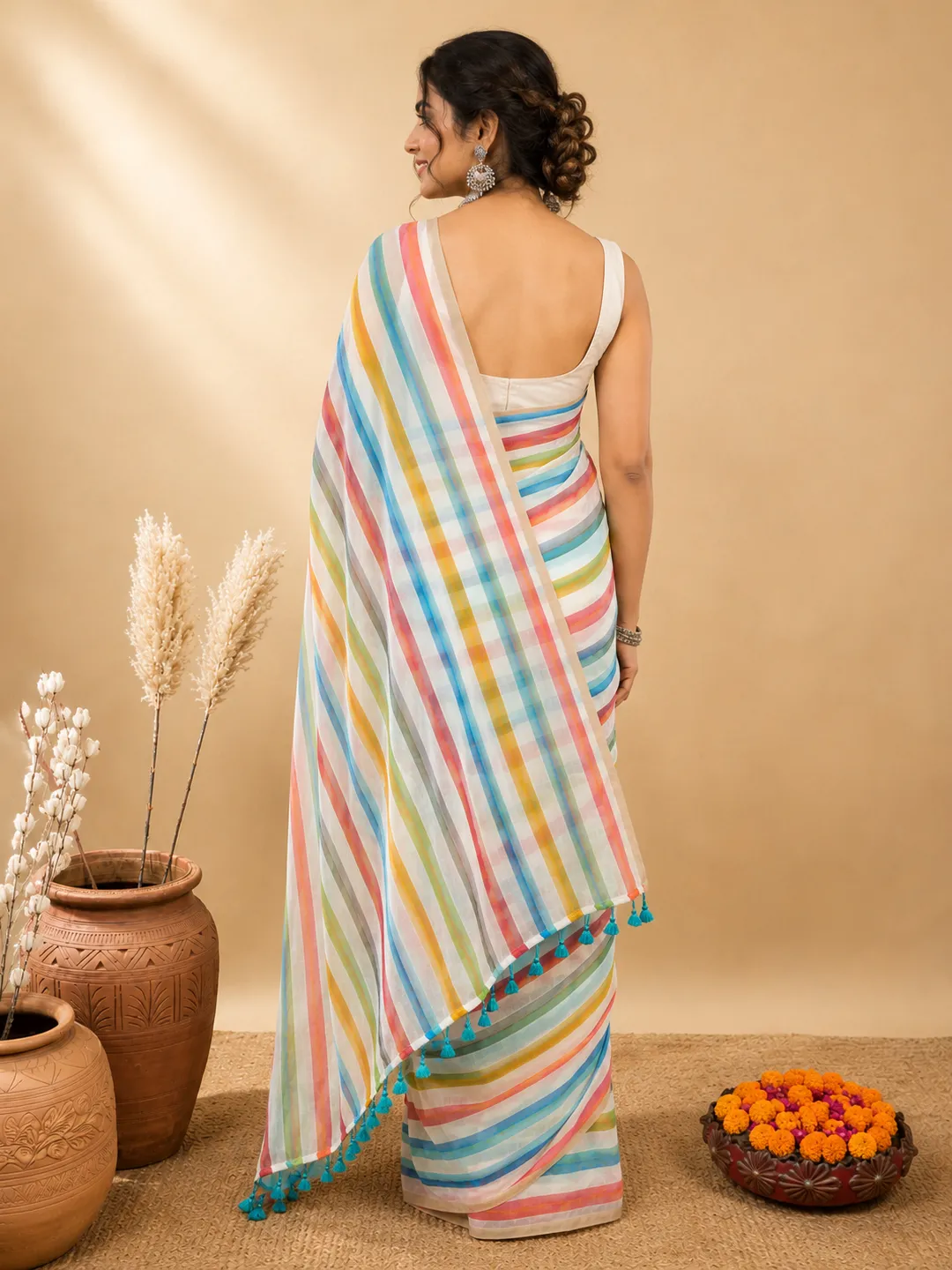 Hovered view of Multicolour Striped Bengal Mul Cotton Saree With Tassel Pallu