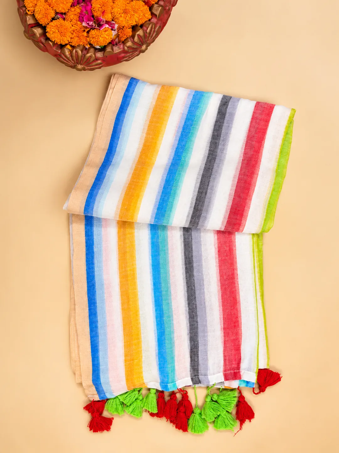 Multicolour Striped Bengal Mul Cotton Saree With Tassel Pallu - View 7